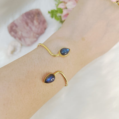 Labradorite Double Stone Adjustable Bangle (Gold-Plated Sterling Silver 925)