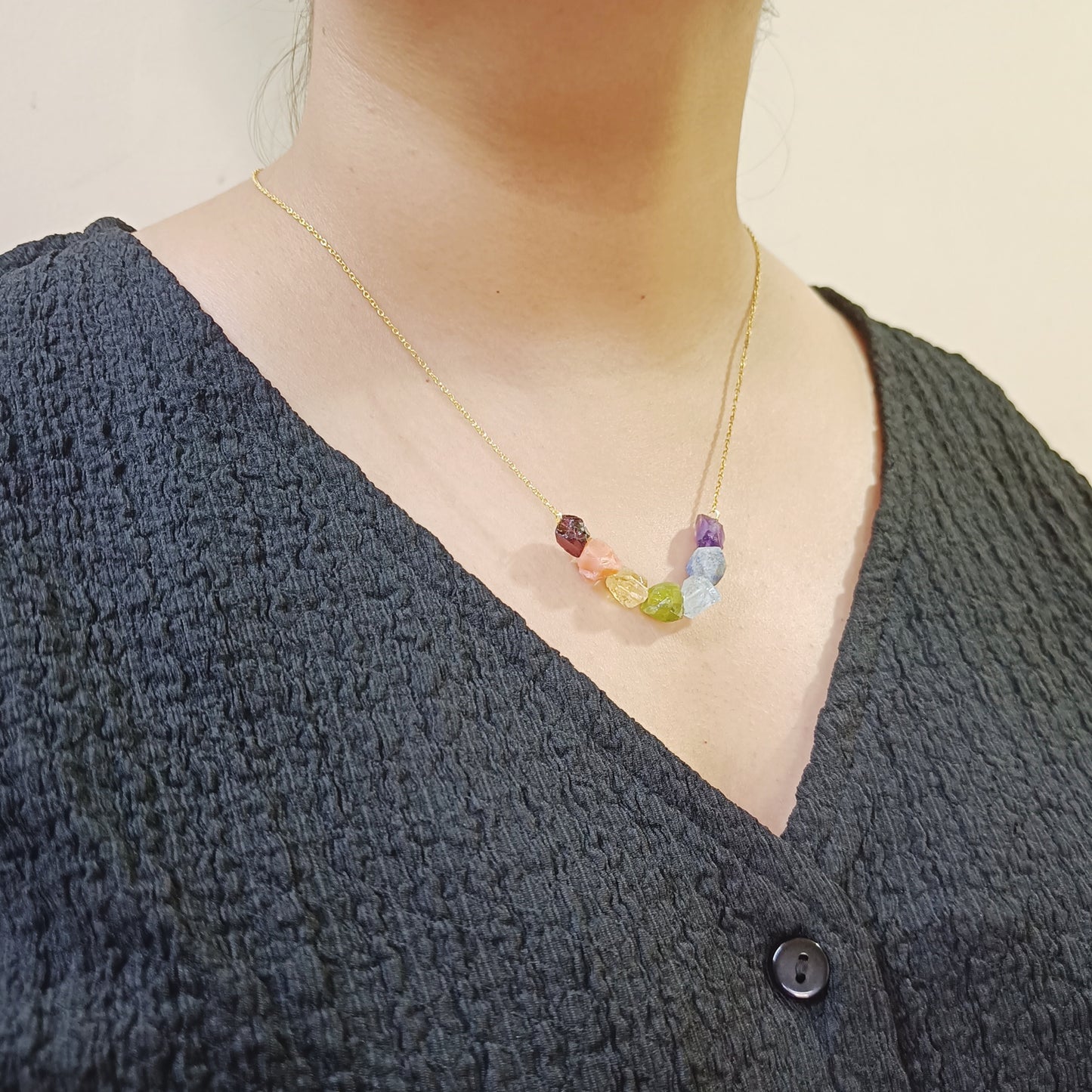 7 Chakra Raw Stone Dainty Necklace (Gold-Plated Sterling Silver 925)
