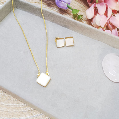 Mother of Pearl pendant and stud earring set in gold finish – elegant handcrafted jewelry by Gemsara.