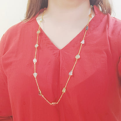 Model wearing Multicolor Natural Stone Long Chain Necklace (30-inch) in gold plating – Gemsara Jewelry