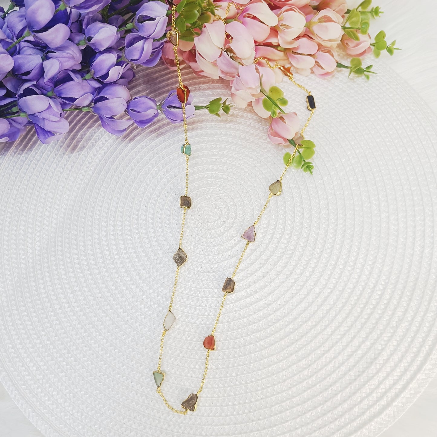 Multicolor Raw crystal Long Chain Necklace on white background – Gemsara Jewelry