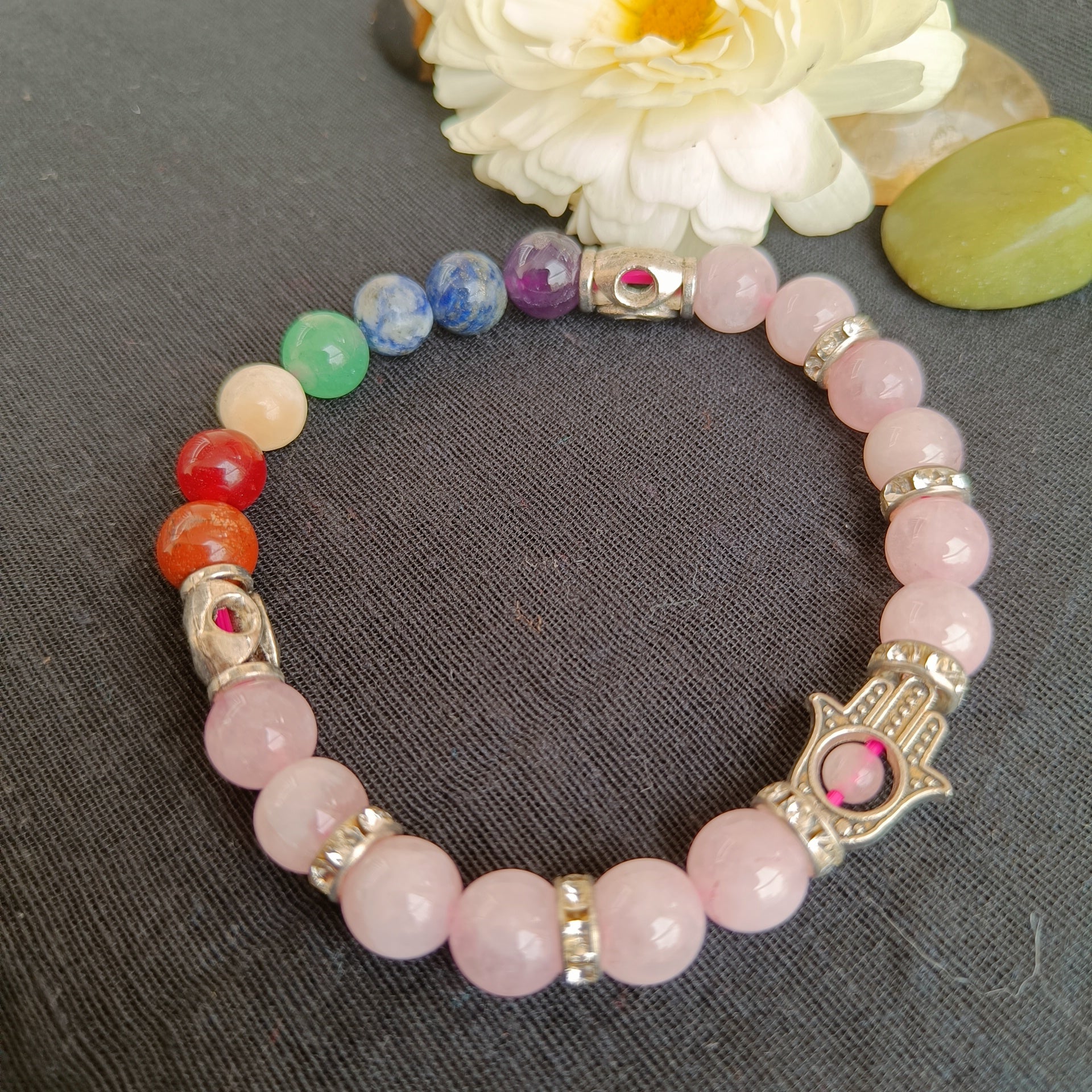 Natural rose quartz bracelet with multicolour natural stones for chakra balancing and healing