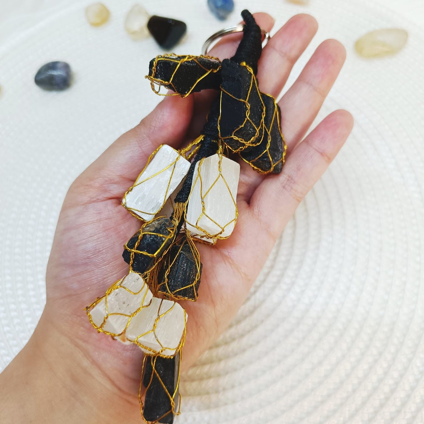 Tourmaline & Selenite Hanging  for Car / Wall – 7 Inches