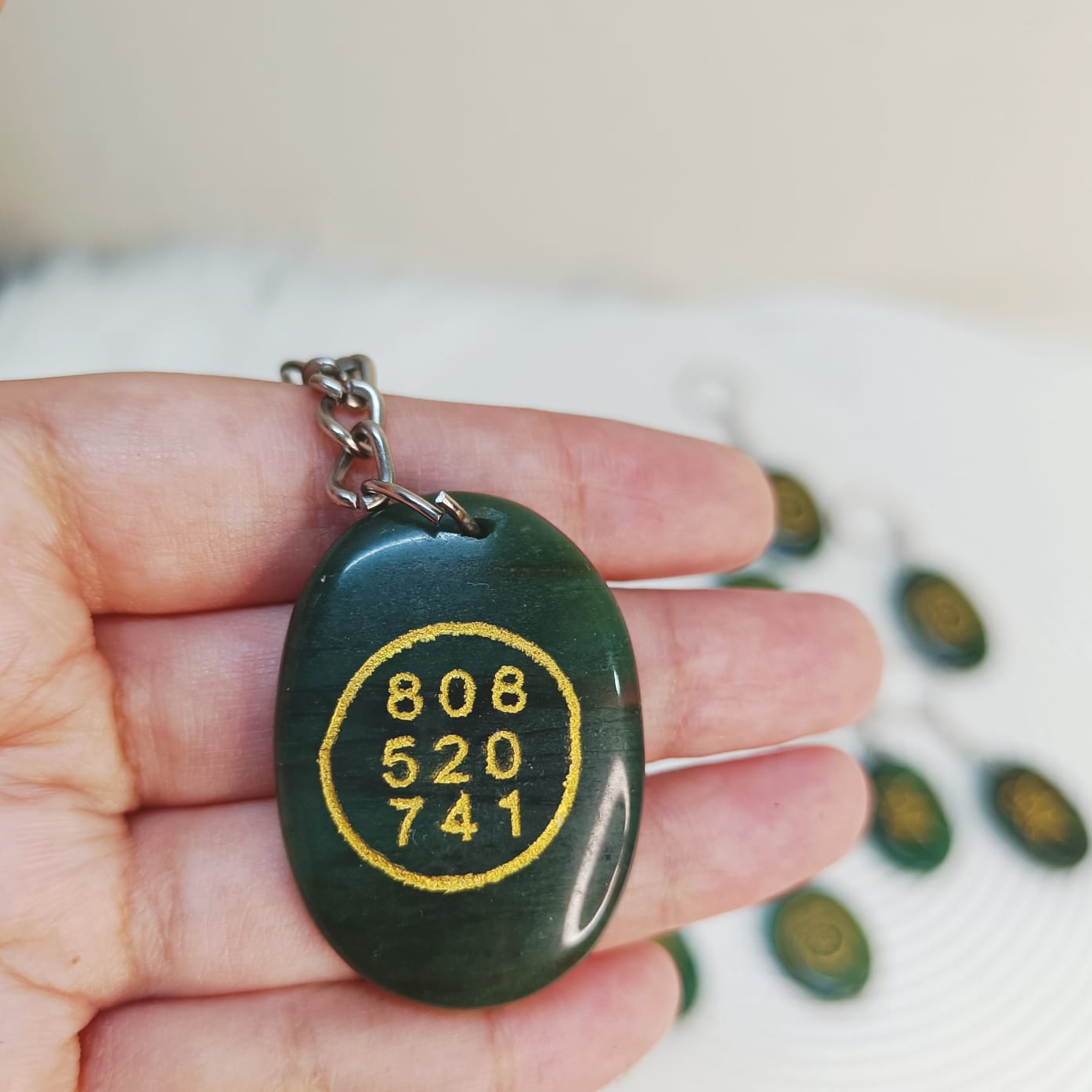 Green Aventurine Key Ring – with Zibu Symbol and Abundance Codes