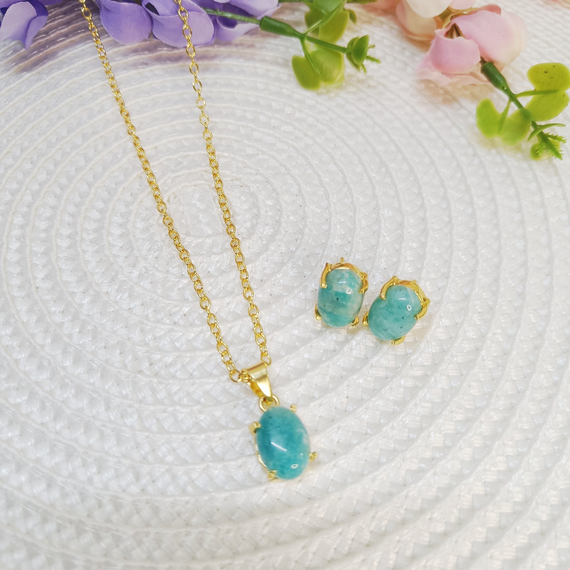 Natural Amazonite pendant and stud earring set in gold tone - sky blue stone jewellery set