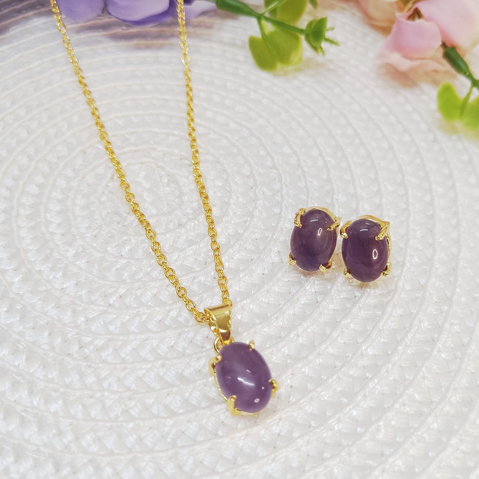 Gold  tone necklace and earrings with purple natural stones - Amethyst jewellery set