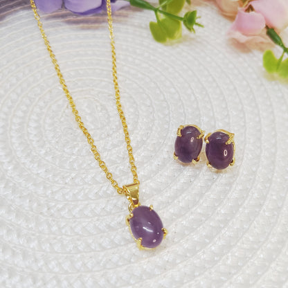 Gold  tone necklace and earrings with purple natural stones - Amethyst jewellery set