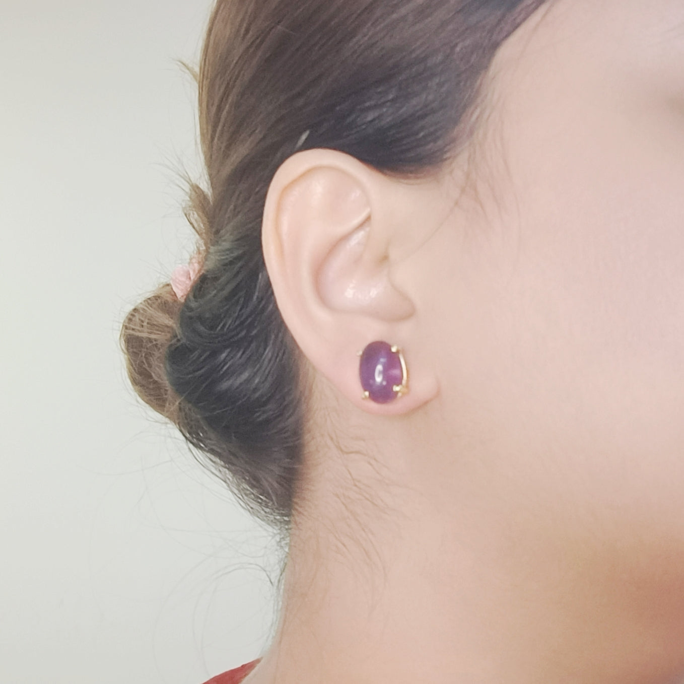 Amethyst stud earrings on model – everyday crystal jewelry
