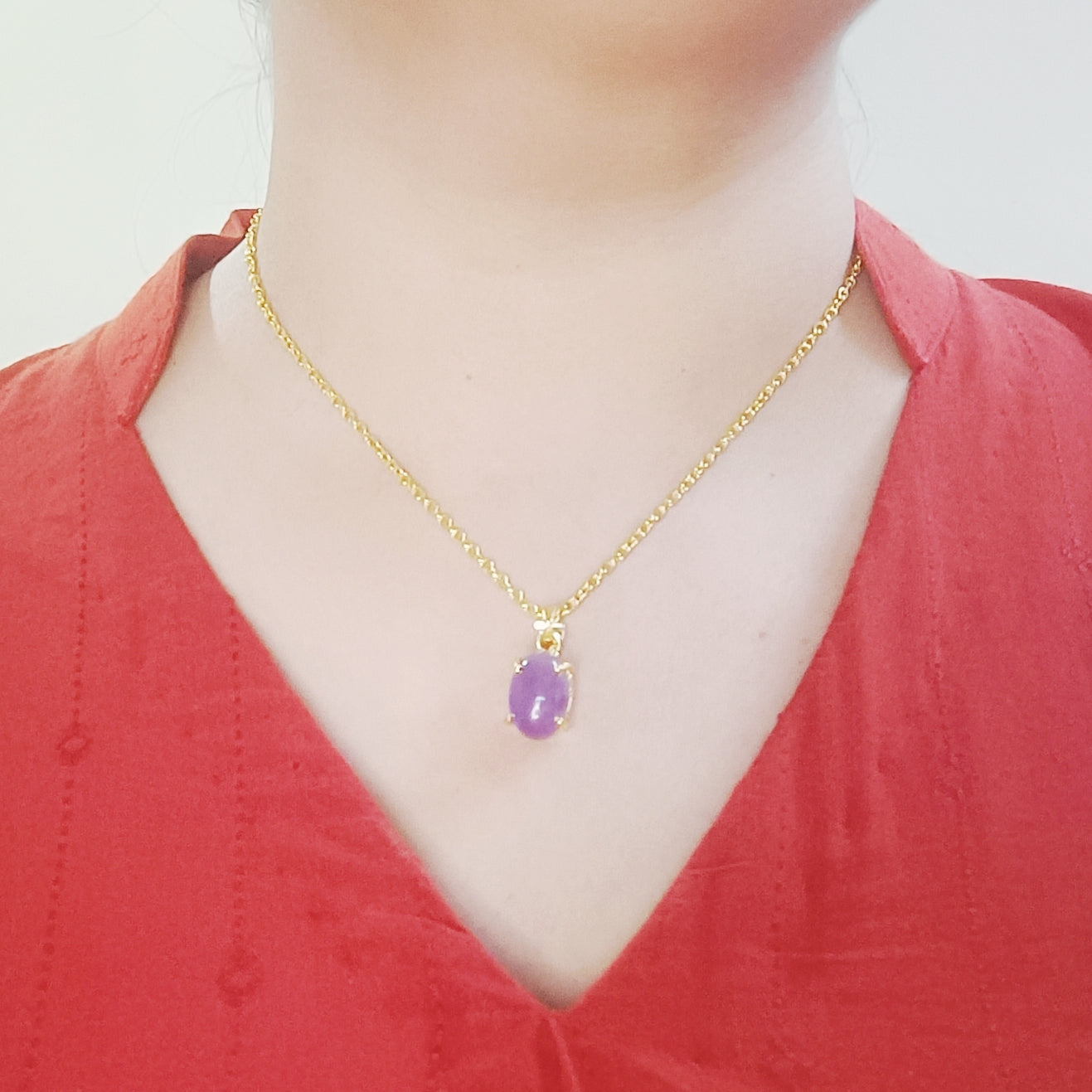 Amethyst gold plated pendant necklace on model – minimalist natural stone jewelry