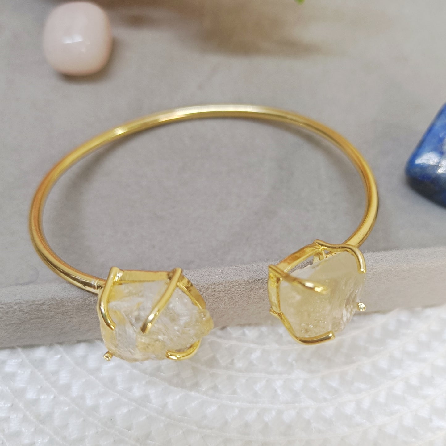 Golden adjustable cuff bangle with natural citrine stone, handmade natural yellow stone brass bracelet
