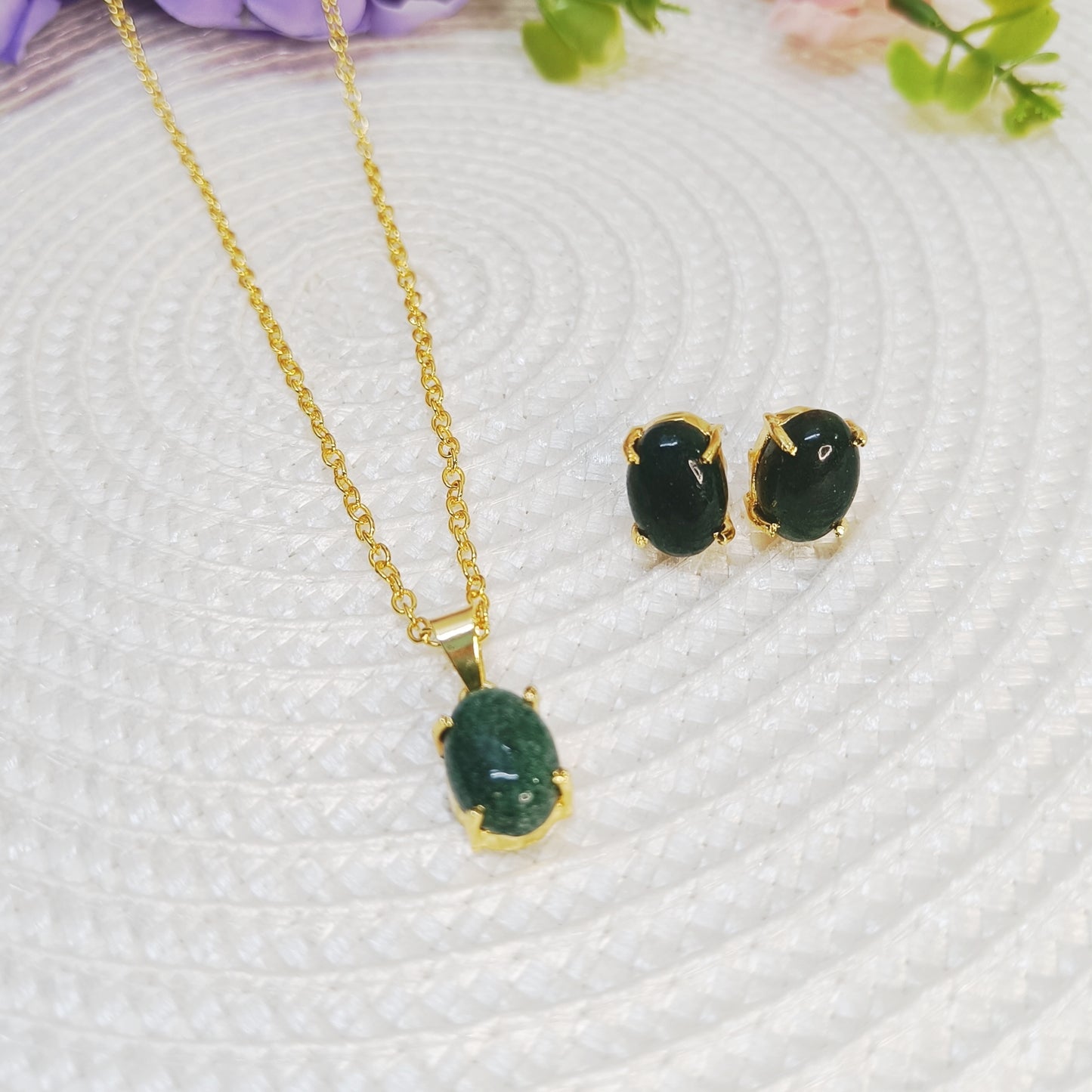 Green aventurine pendant necklace on model – minimalist natural stone jewelry