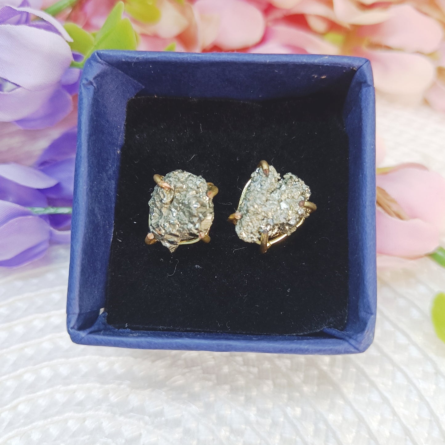 Natural uncut Pyrite Crystal Earrings in box – handcrafted raw Pyrite studs.