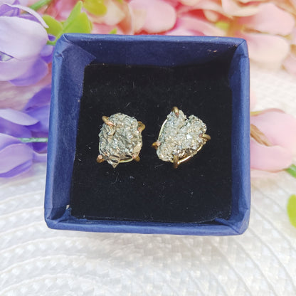 Natural uncut Pyrite Crystal Earrings in box – handcrafted raw Pyrite studs.