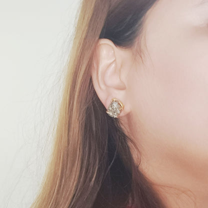 Natural Pyrite Stud Earrings worn on model – metallic crystal jewelry