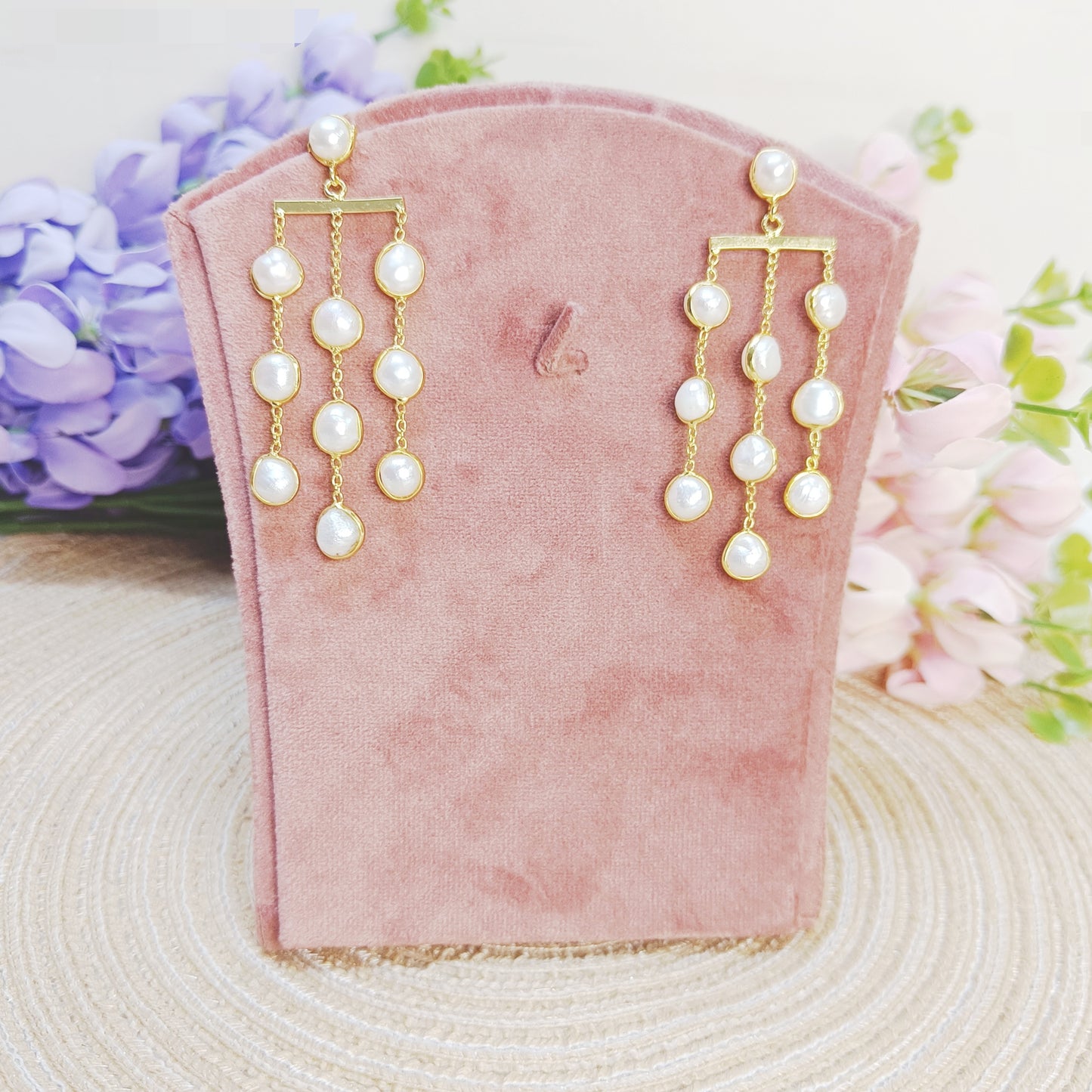 Gold-tone real freshwater pearl waterfall earrings, handcrafted statement, festive wear jewelry by Gemsara.
