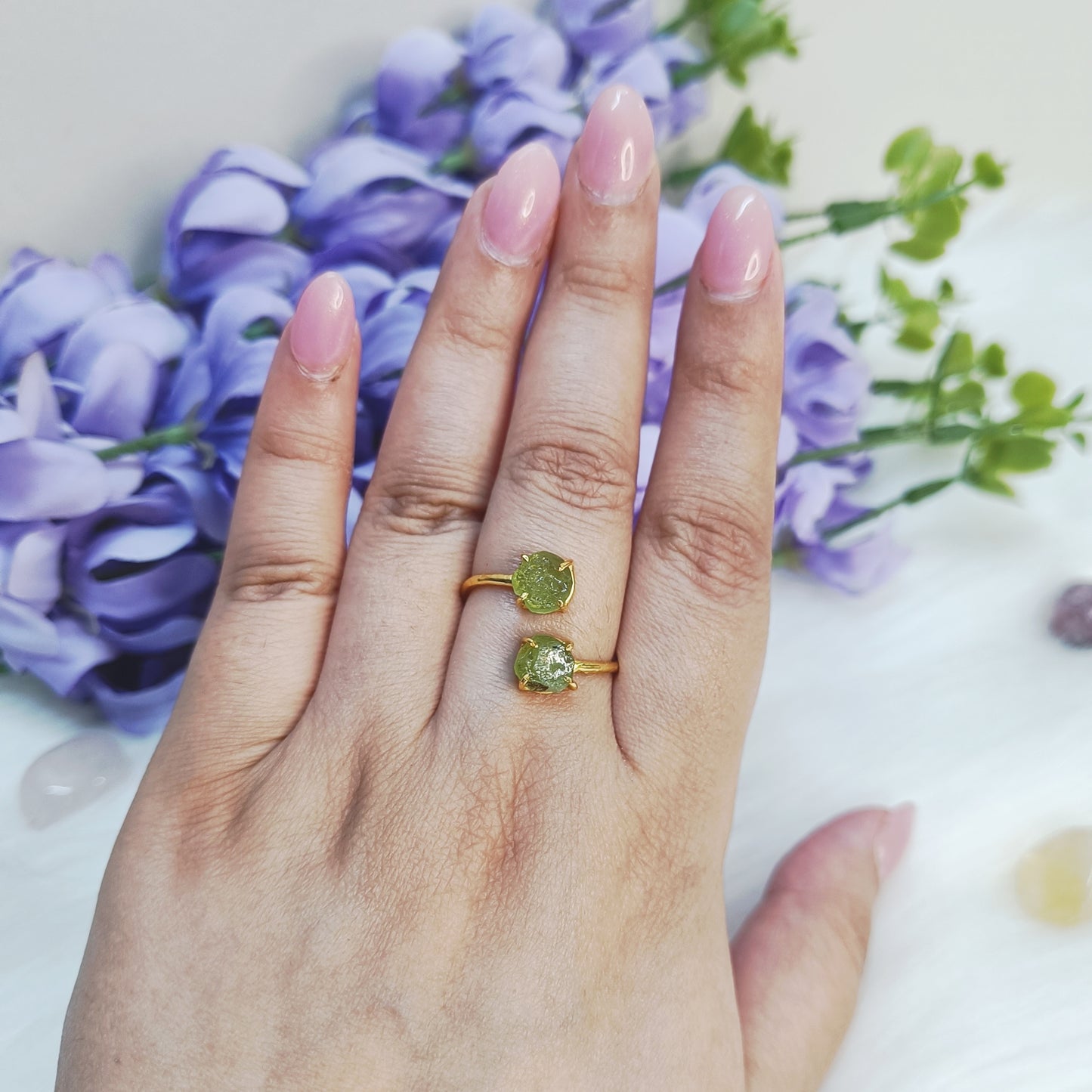 Raw Double Stone Peridot Ring in Sterling Silver 925