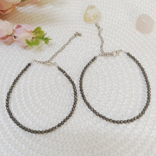 Genuine Pyrite anklet pair with golden shimmer – best-selling crystal jewelry for success and prosperity