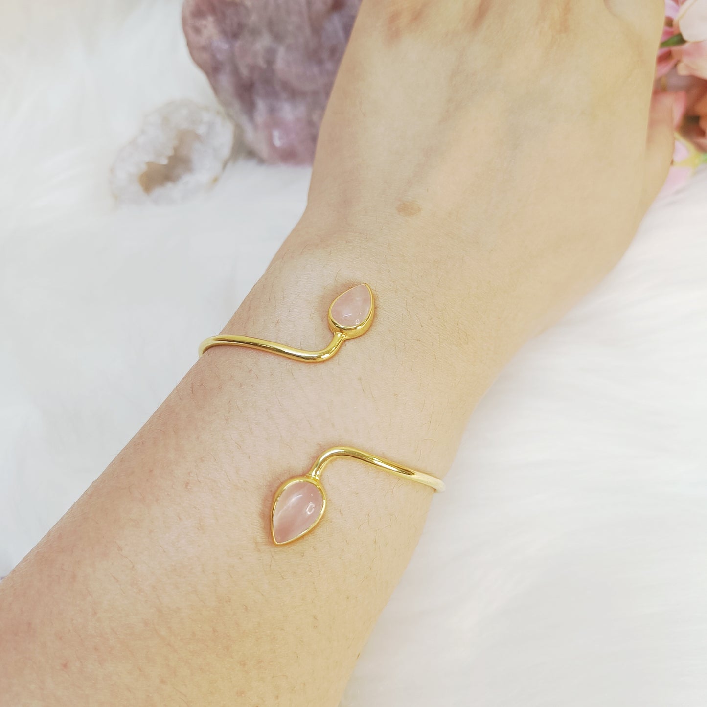 Rose Quartz Double Stone Adjustable Bangle (Gold-Plated Sterling Silver 925)