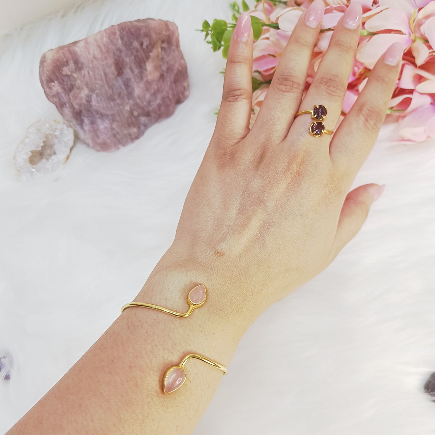 Rose Quartz Double Stone Adjustable Bangle (Gold-Plated Sterling Silver 925)