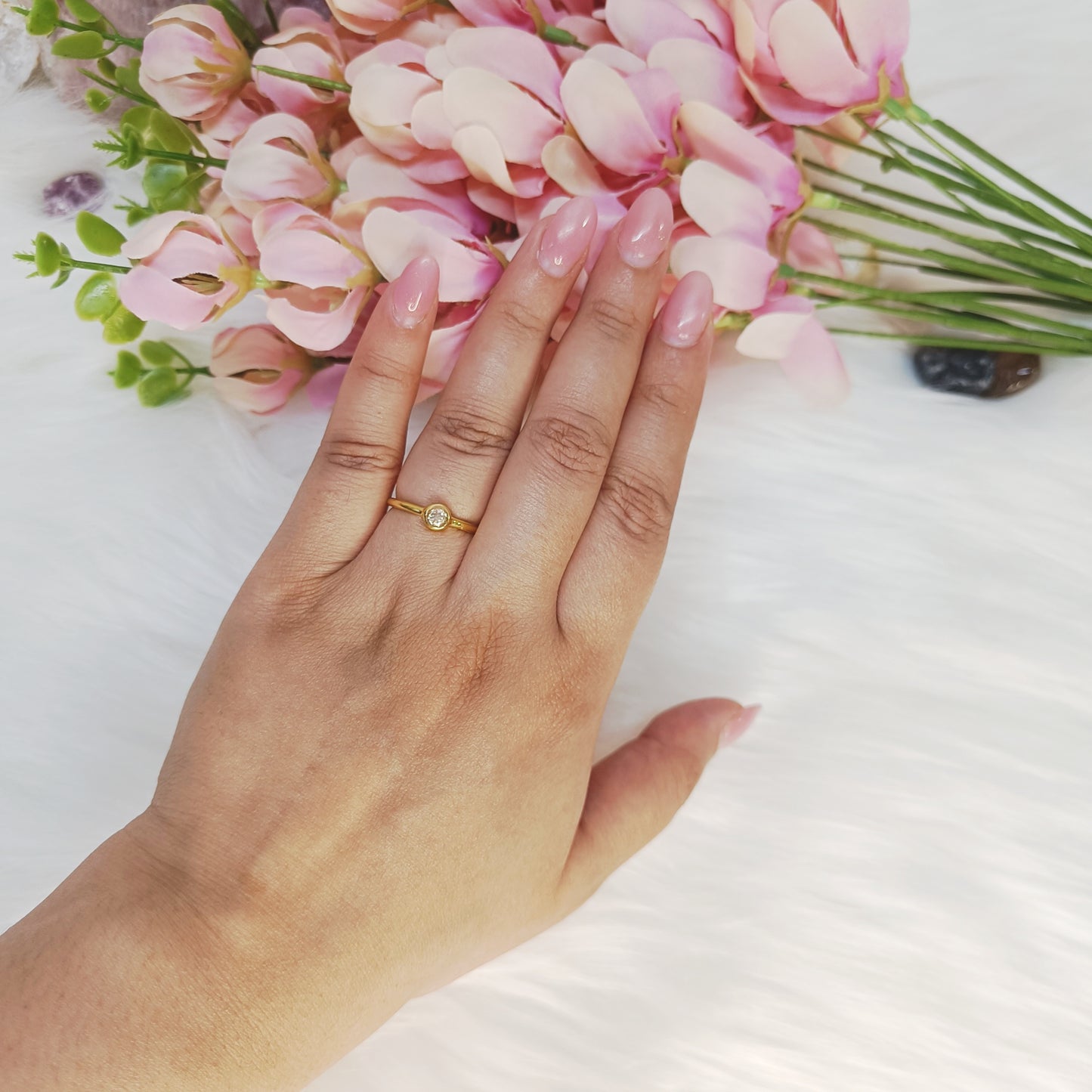 Sterling Silver Rose Quartz Dainty Ring (18K Gold Plated)