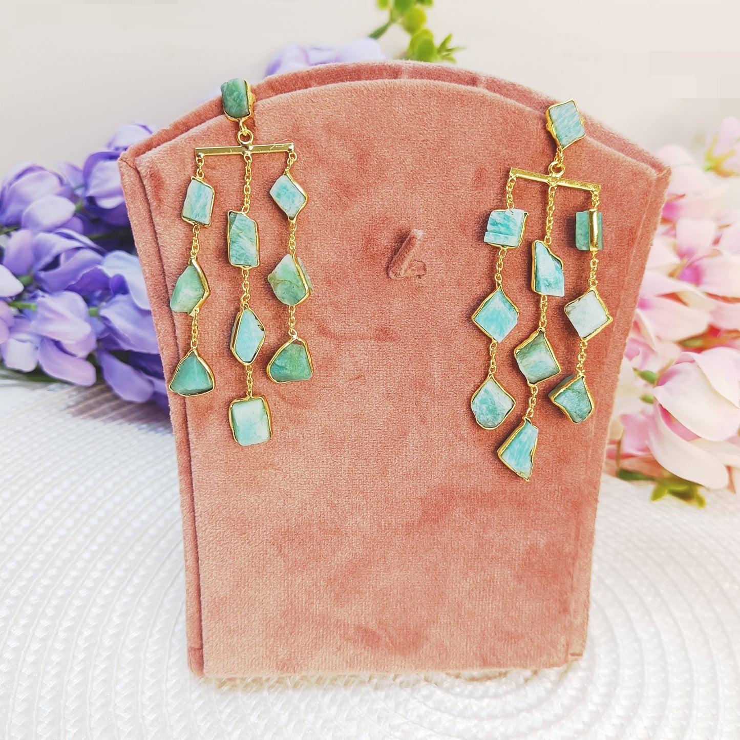 Amazonite Waterfall Earrings in Gold Finish displayed in box – natural green stone earring