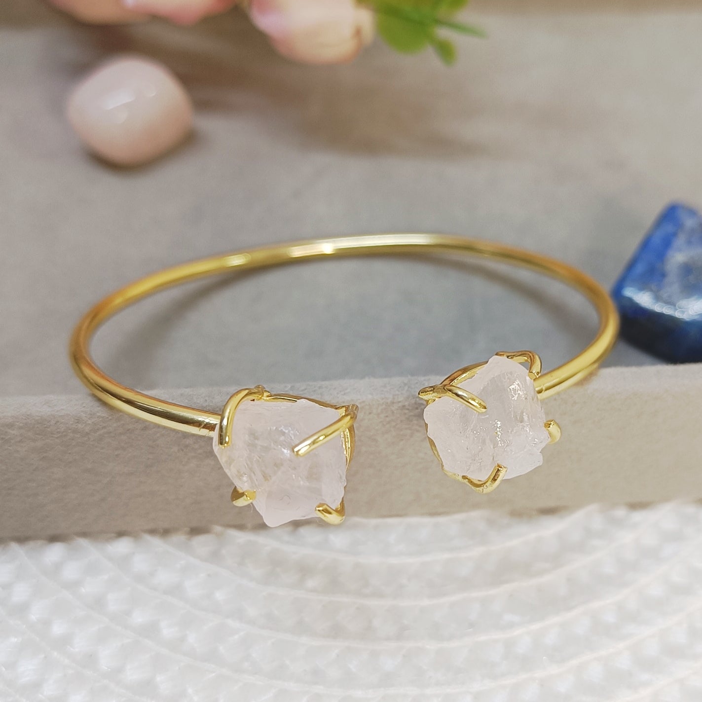 Golden adjustable cuff bangle with natural rose quartz stone, handmade pink stone brass bracelet