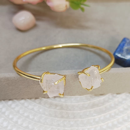 Golden adjustable cuff bangle with natural rose quartz stone, handmade pink stone brass bracelet