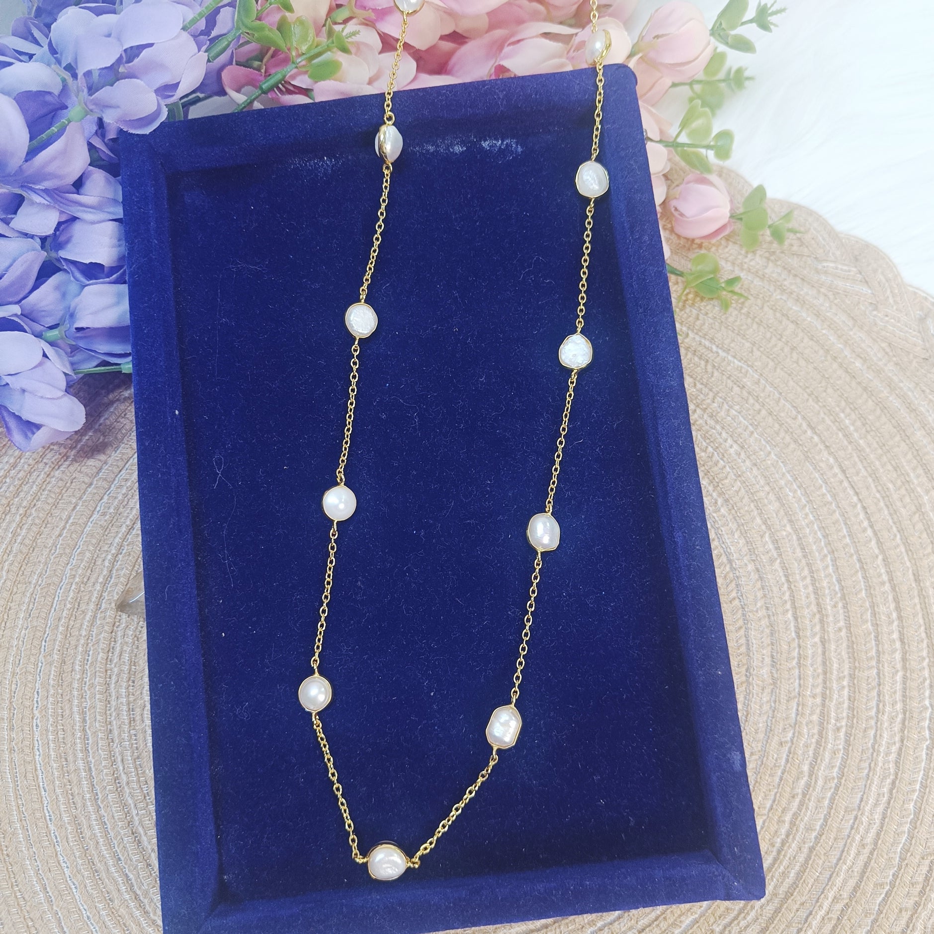 Freshwater Pearl Long Chain Necklace displayed on blue velvet tray – Gemsara Jewelry