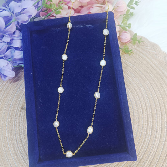 Freshwater Pearl Long Chain Necklace displayed on blue velvet tray – Gemsara Jewelry