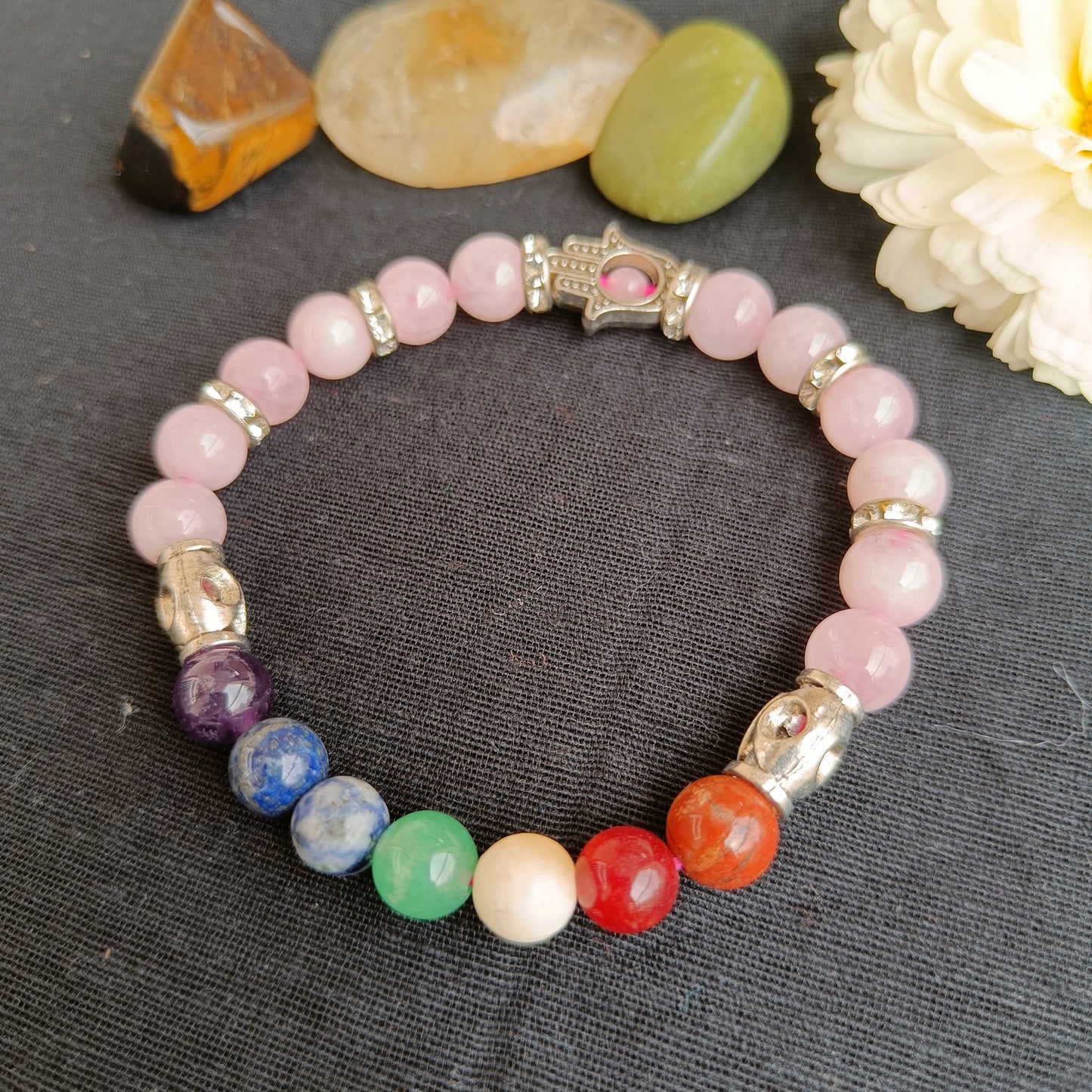 Real Rose quartz bracelet with 7 chakra natural crystals and hamsa charm