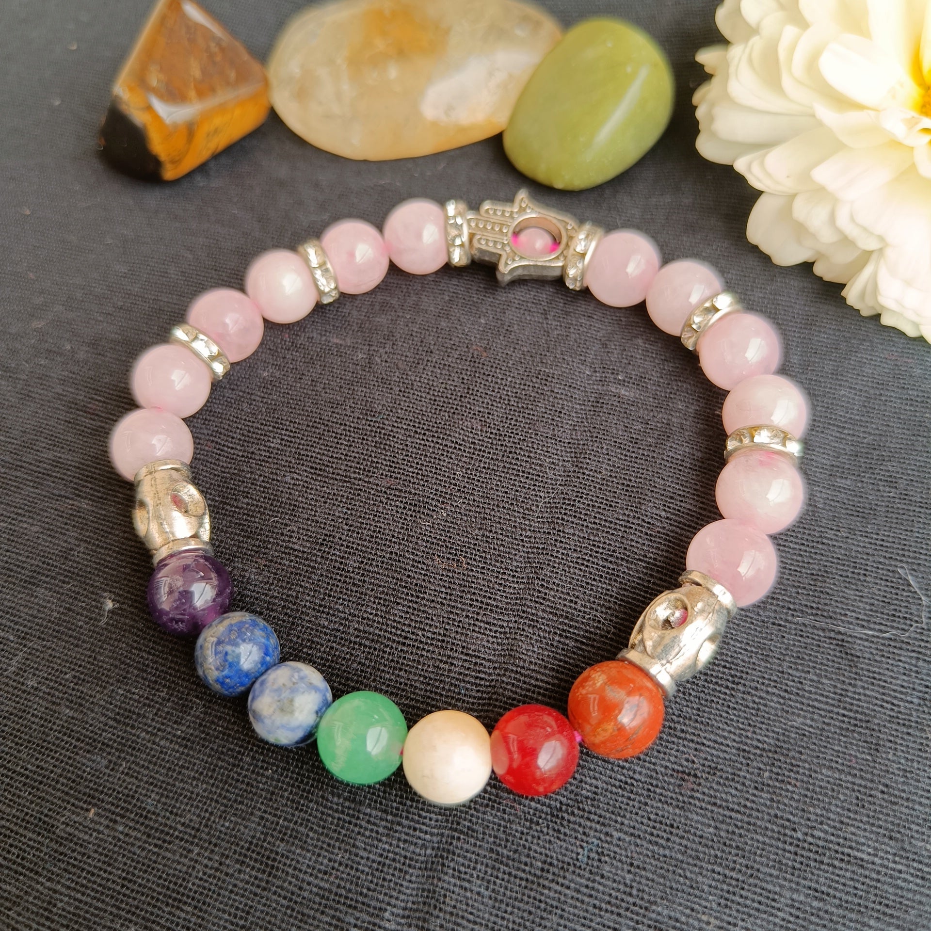 Real Rose quartz bracelet with 7 chakra natural crystals and hamsa charm