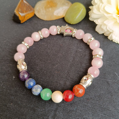 Real Rose quartz bracelet with 7 chakra natural crystals and hamsa charm