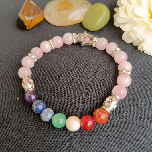 Real Rose quartz bracelet with 7 chakra natural crystals and hamsa charm