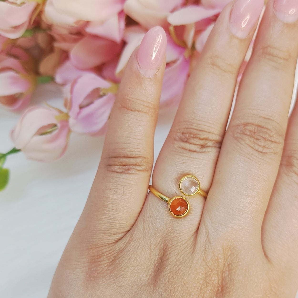 Rose quartz and Carnelian combination Ring in gold-plated sterling silver – Crystal jewellery for love and healing from Gemsara