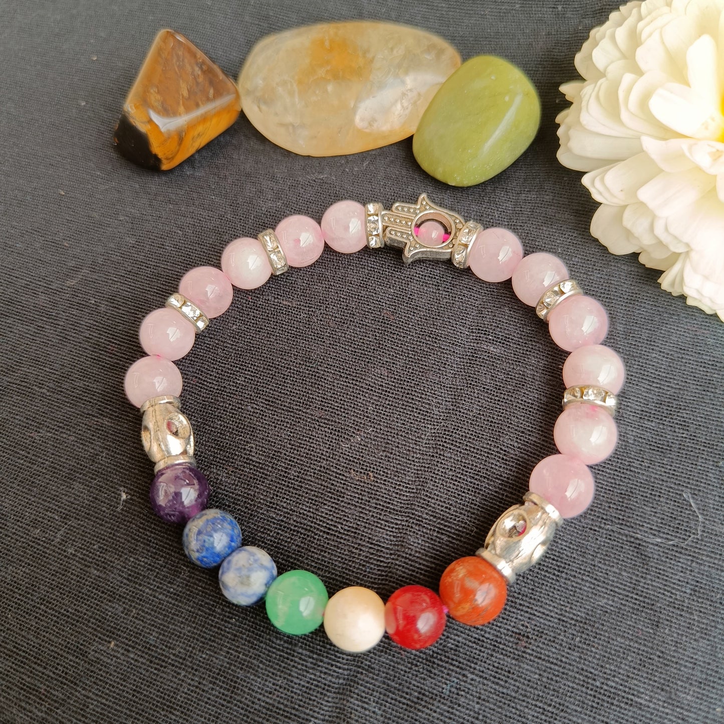 Adjustable Rose quartz bracelet with 7 chakra natural crystals for chakra balancing and relationship healing