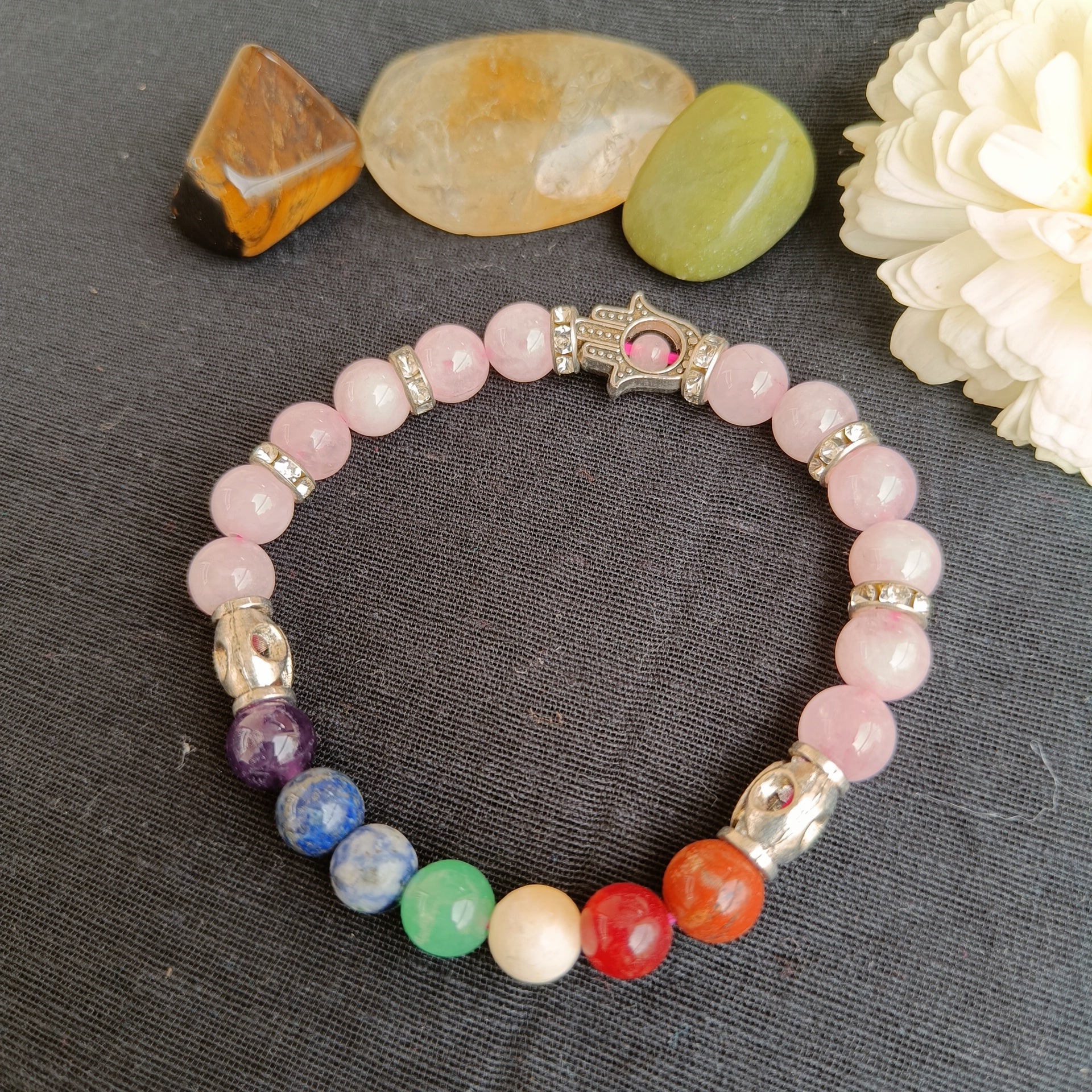 Adjustable Rose quartz bracelet with 7 chakra natural crystals for chakra balancing and relationship healing