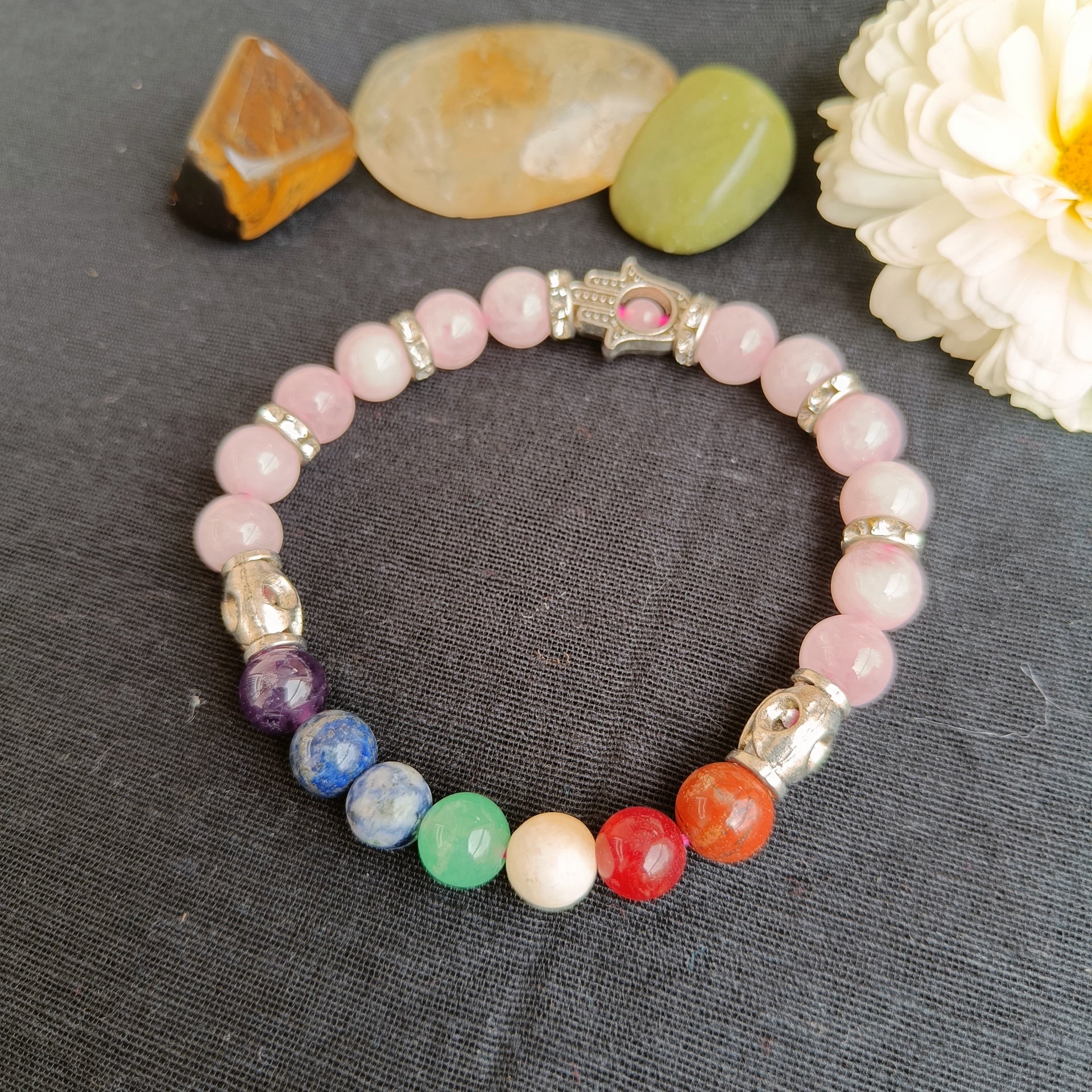 Real Rose quartz bracelet with 7 chakra natural crystals with hamsa charm