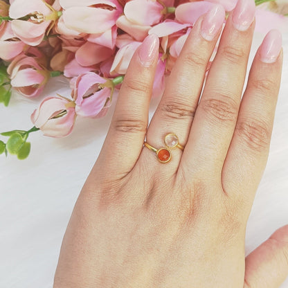 Rose quartz and Carnelian combination silver ring for love and passion