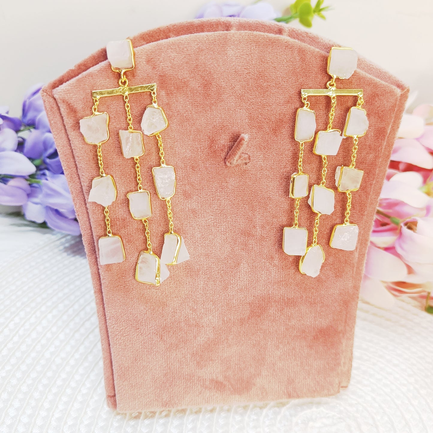 Rose quartz waterfall earrings in gold plating – handcrafted raw crystal jewellery by Gemsara