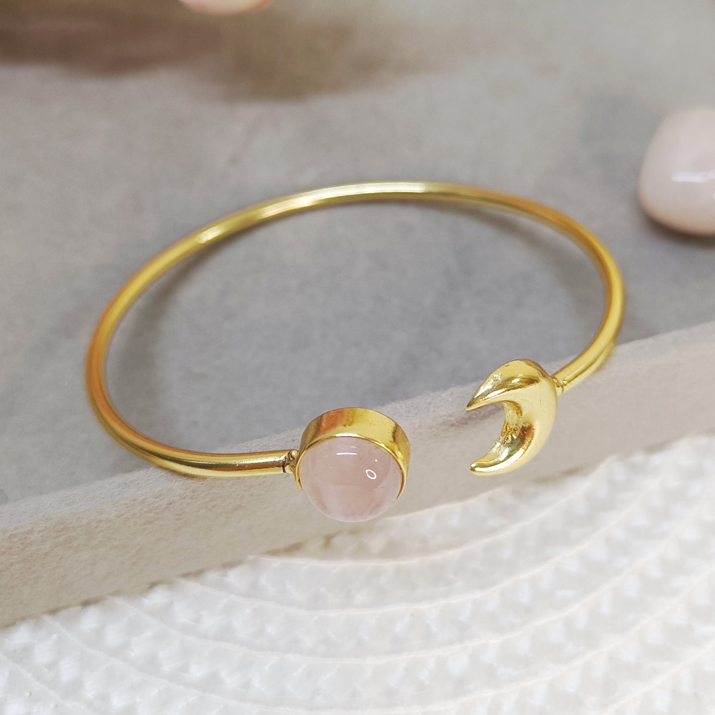 Gold-plated adjustable cuff bangle with natural Rose quartz stone and moon motif 