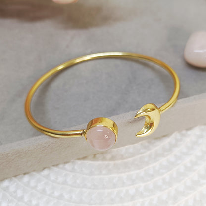 Gold-plated adjustable cuff bangle with natural Rose quartz stone and moon motif 