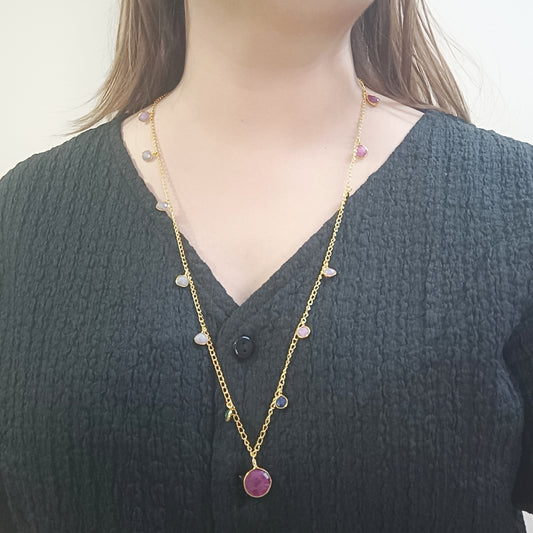 Multigem Long Chain with Ruby, Emerald & Sapphire Tone Semi Precious Gemstones (Gold-Plated Brass)