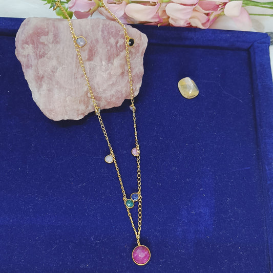 Multigem Long Chain with Ruby, Emerald & Sapphire Tone Semi Precious Gemstones (Gold-Plated Brass)
