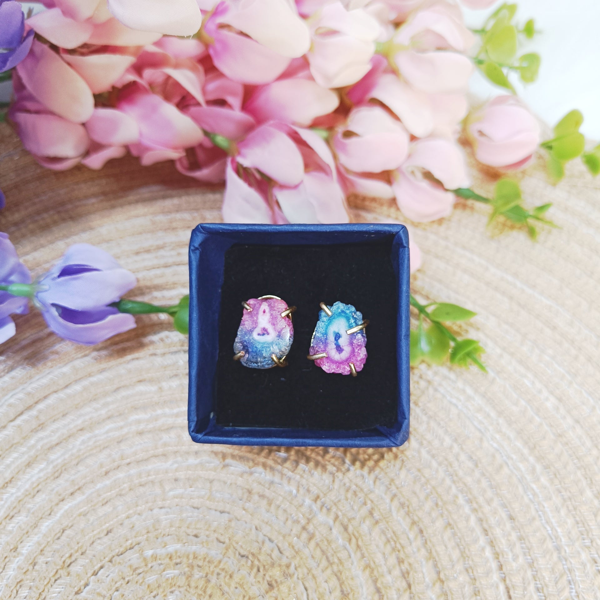 Solar Quartz stud earrings in gold finish – vibrant pink and blue crystal slices in gift box by Gemsara.