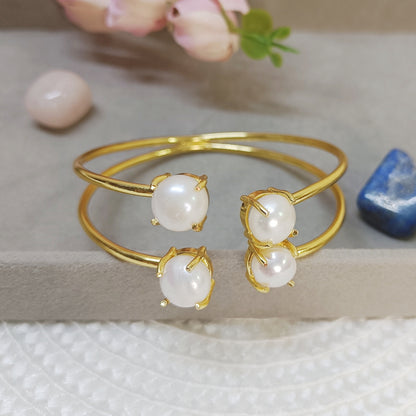 Gold tone real freshwater pearl double cuff bangle - a statement piece with real pearls 