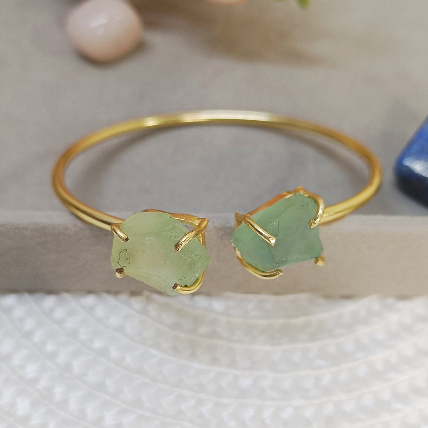 Gold-plated brass bracelet with natural green Fluorite crystal, adjustable handcrafted bangle.