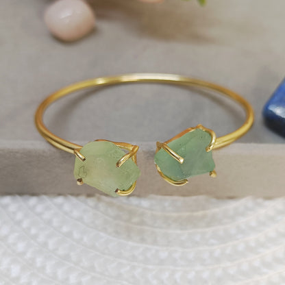 Gold-plated brass bracelet with natural green Fluorite crystal, adjustable handcrafted bangle.
