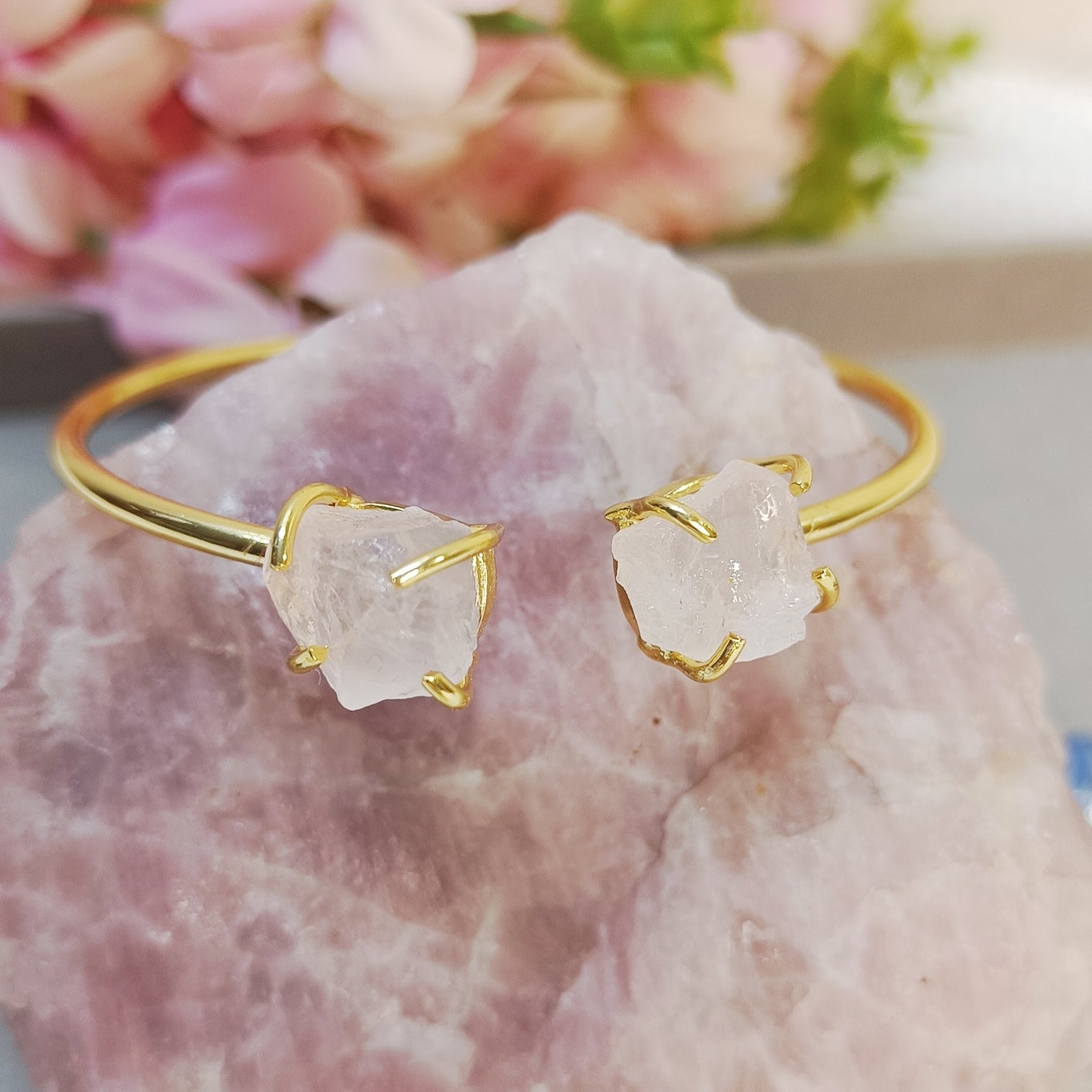 Pink Stone Bracelet, Rose quartz crystal brass bangle 
