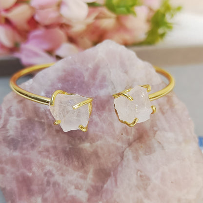 Pink Stone Bracelet, Rose quartz crystal brass bangle 