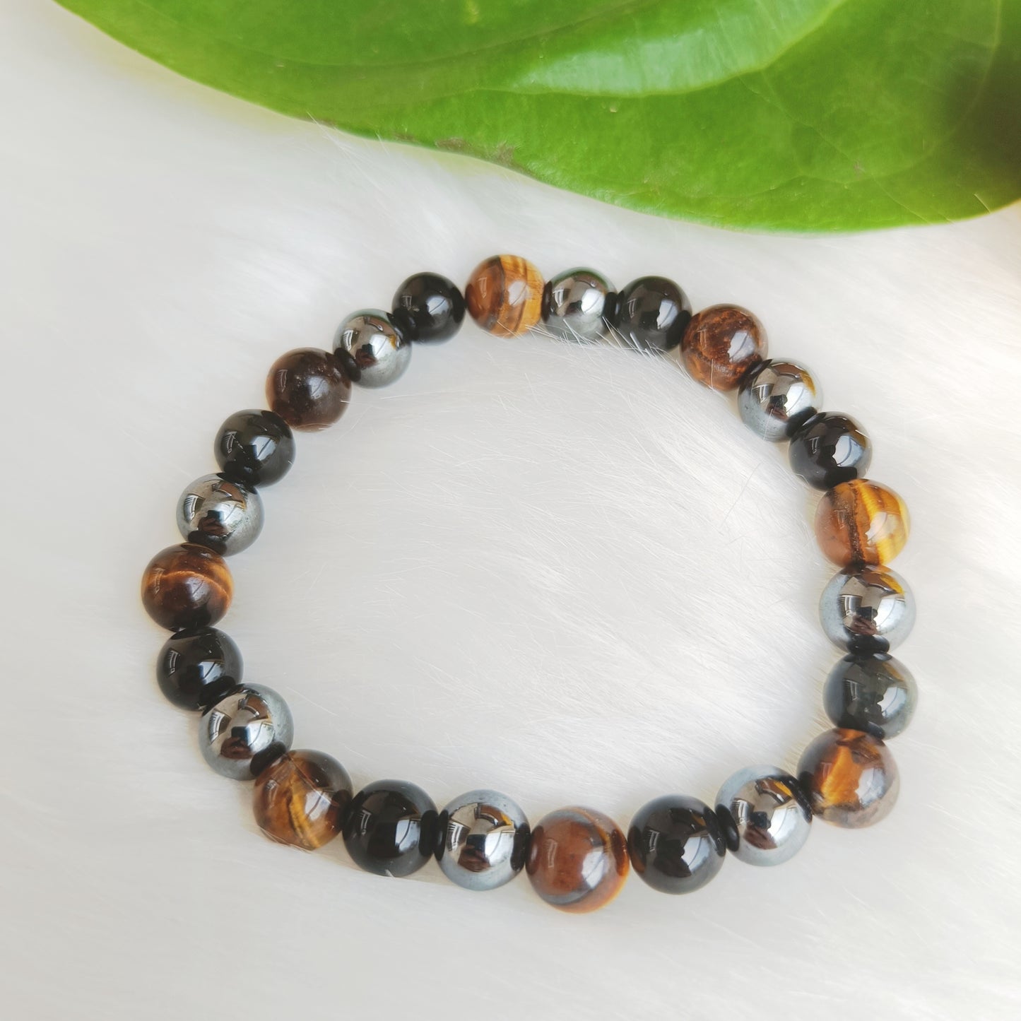 Beaded bracelet with multistone - unisex bracelet for protection and grounding - combination of triple protection crystals: obsidian, tiger eye and hematite